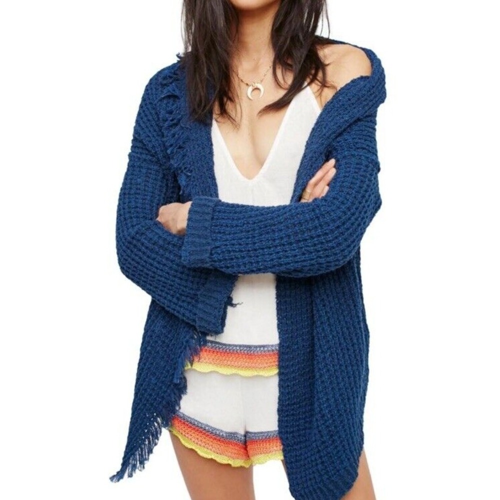 Free People Womens I'll Be‎ Around Slouchy Fringe Cardigan Sweater XS Silk Blue